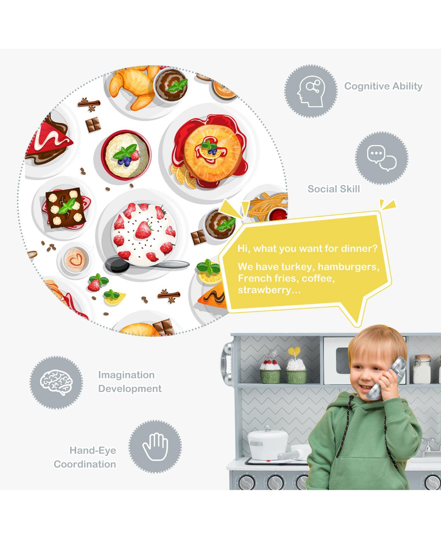 Детские игрушки Costway Realistic Light & Sound 6-Piece Wooden Play Kitchen, Ages 3+, цвет: Серый — фото 9
