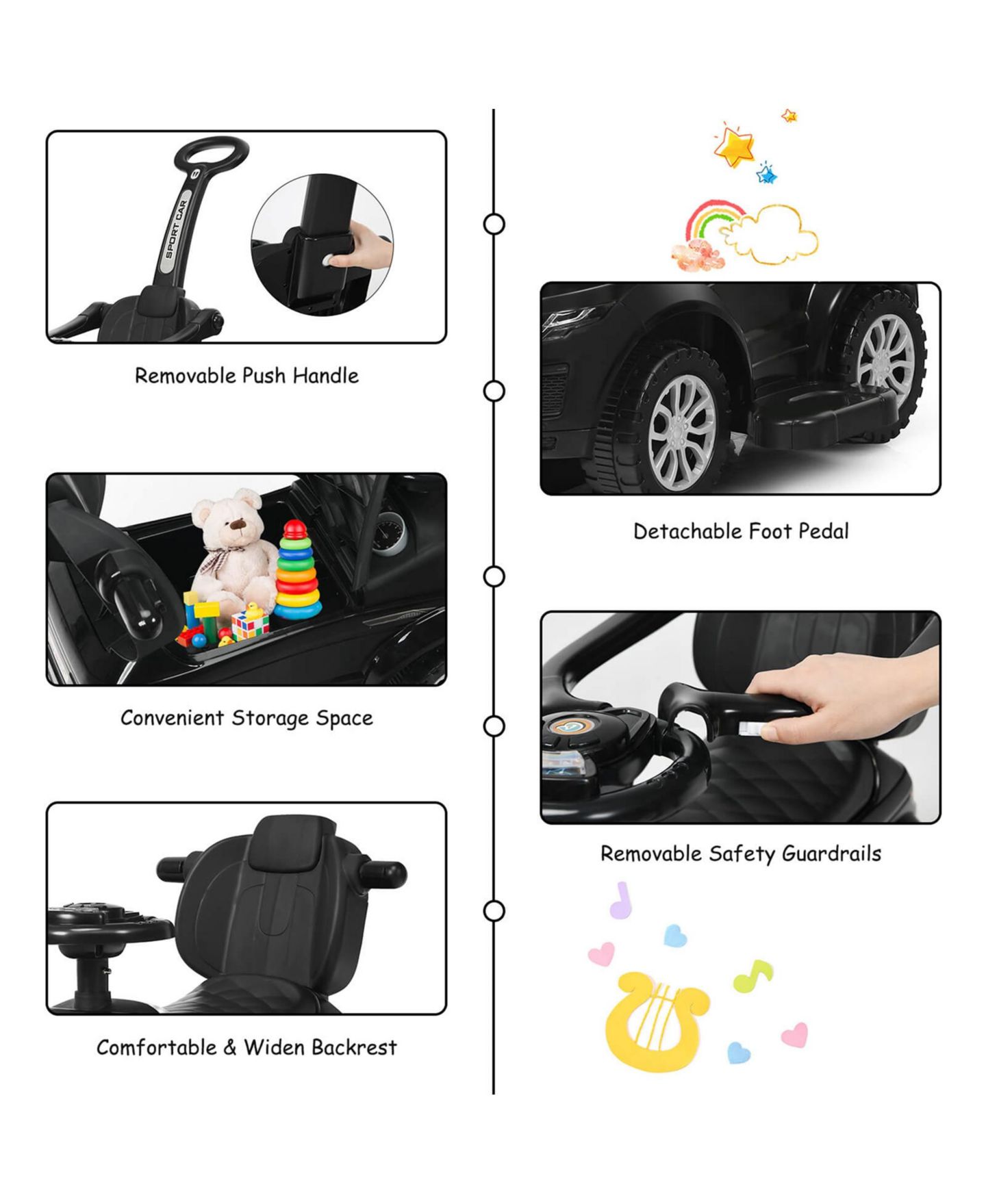 Детская игрушка Costway 3 in 1 Ride-On Push Car with Music, Ages 1+, цвет: Чёрный — фото 6