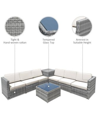 8PCS Patio Rattan Sofa Sectional Conversation Furniture Set w/ White Cushion