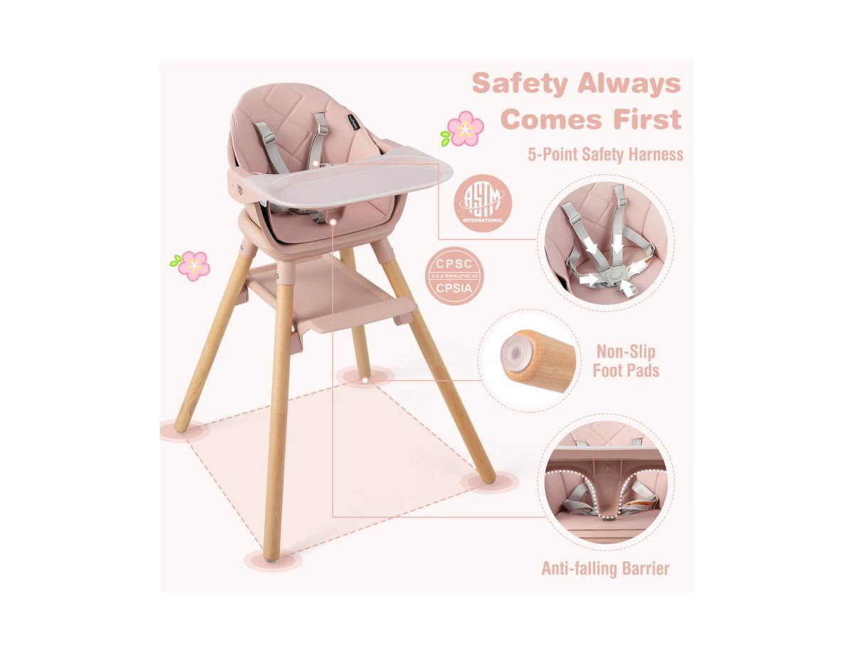 Slickblue Kids 6 in 1 Convertible Highchair with Safety Harness and Removable Tray