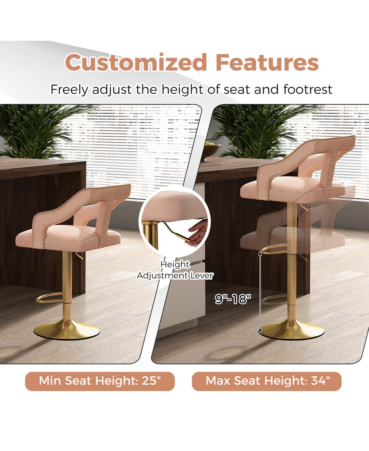 Costway Set of 2 Swivel Bar Stool with Footrest, 2-Layer Electroplated Metal Base