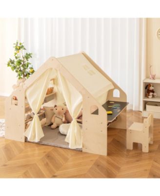 6-in-1 Kids Play Tent Playhouse with Blackboard 6 Storage Bins and Floor Cushion-Beige