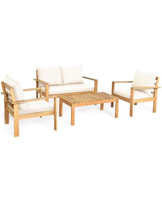 8PCS Patio Acacia Wood Conversation Furniture Set w/ Off White Cushions
