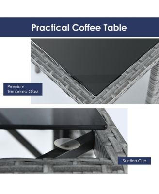 3PCS Outdoor Rattan Conversation Set Patio Dining Table Set w/ Navy Cushions