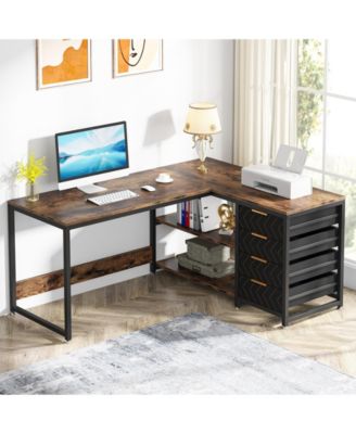 L Shaped Computer Desk with Storage Drawers, 59 inch Corner Desk with Shelves, Reversible L-Shaped Office Desk Study Writing Table Workstation for Home Office