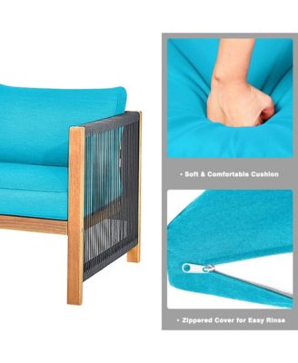 4PCS Acacia Wood Outdoor Patio Furniture Conversation Set W/ Turquoise Cushions