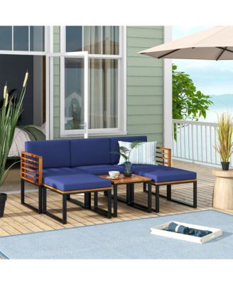 6PCS Patio Conversation Sofa Set Acacia Wood Outdoor Furniture Set w/ Navy Cushions