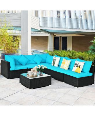7PCS Rattan Patio Conversation Set Sectional Furniture Set w/ Blue Cushion