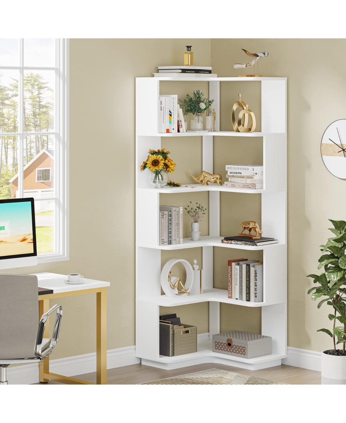 Tribesigns 6 Tier Corner Bookshelf, Tall Industrial Corner Bookcase with Anti-Drop Panel, Freestanding Wood Grain Corner Shelf Display Rack