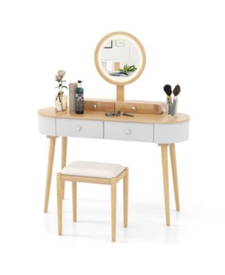Solid Wood Makeup Vanity Desk Set with LED Lighted Mirror Drawers Cushioned Stool