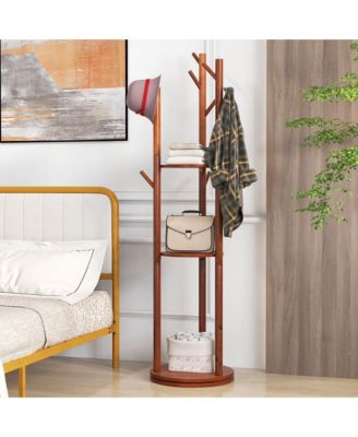 Freestanding Wooden Coat Tree 360&amp;#xB0; Rotary Coat Rack with 3 Display Storage Shelves