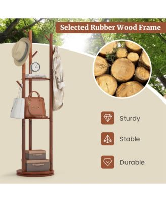 Freestanding Wooden Coat Tree 360&amp;#xB0; Rotary Coat Rack with 3 Display Storage Shelves