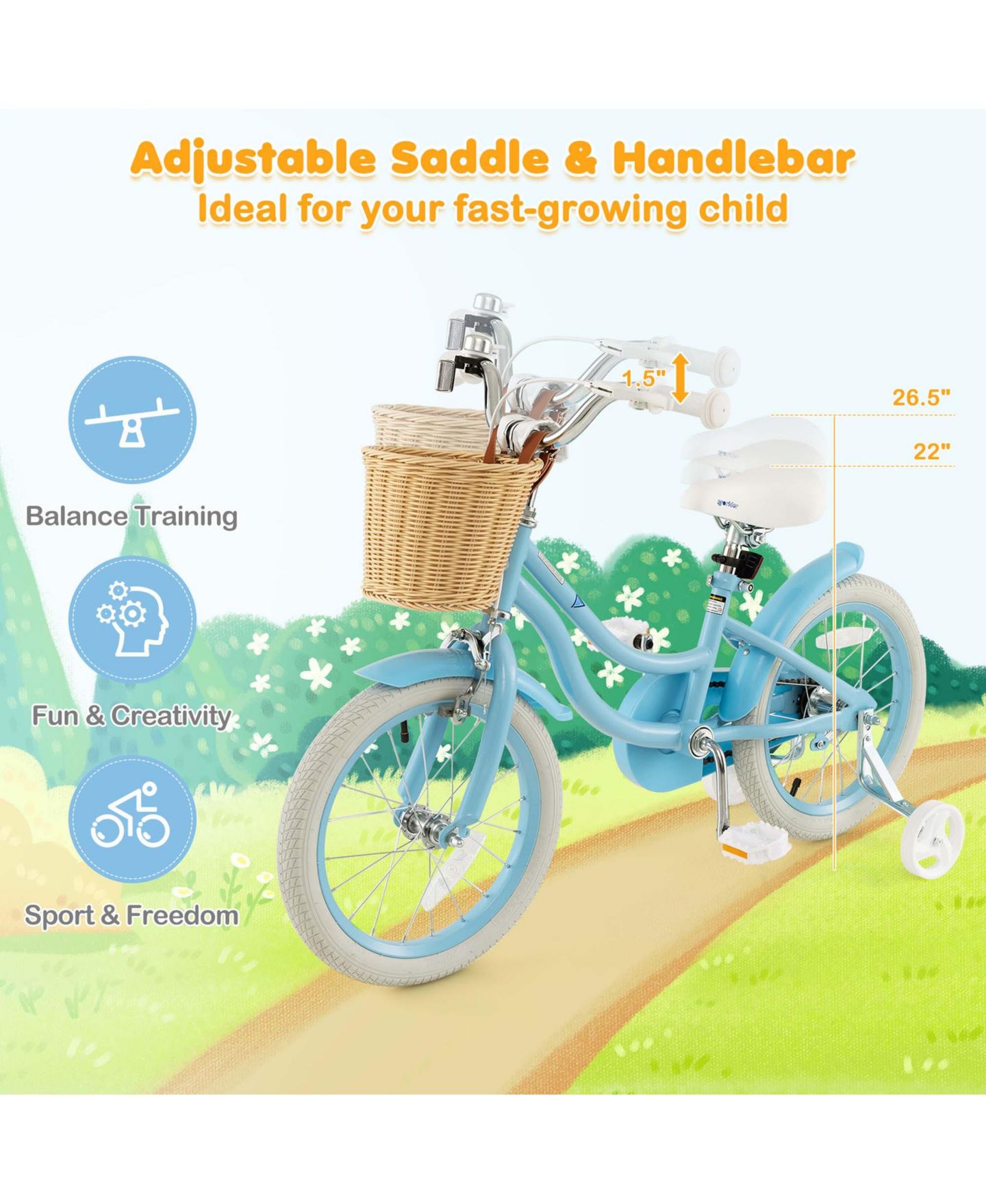 Детская игрушка Costway 16" Kids' Bike with Training Wheels, Adjustable Seat & Coaster Brake, Ages 4-7, цвет: Синий — фото 5