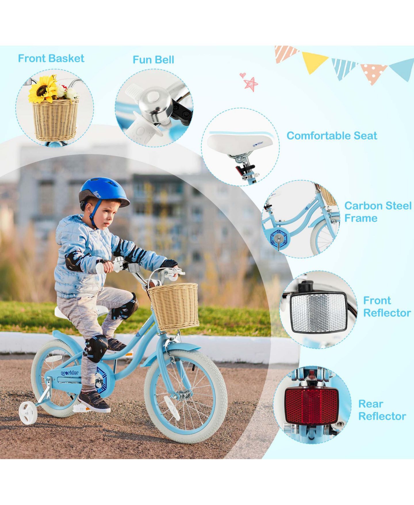 Детская игрушка Costway 16" Kids' Bike with Training Wheels, Adjustable Seat & Coaster Brake, Ages 4-7, цвет: Синий — фото 10