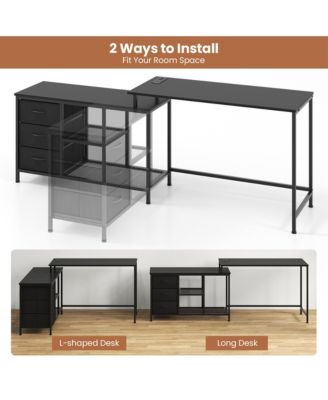 L-shaped Computer Desk with Power Outlet, Drawers, Metal Mesh Shelves