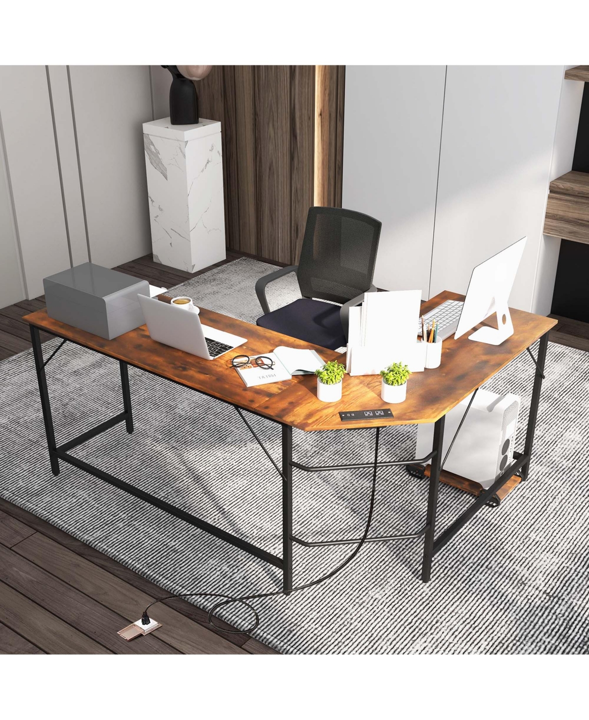 Costway L-shaped Gaming Desk Computer Desk with Cpu Stand Power Outlets