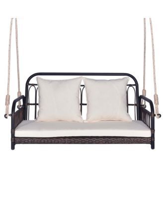 Patio Swing Chair 2-Person Hanging Seat Outdoor Wicker Loveseat Cushioned Porch