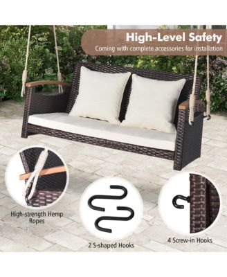 Patio Rattan Porch Swing 2-Person Hanging Chair Cushioned Loveseat for Backyard