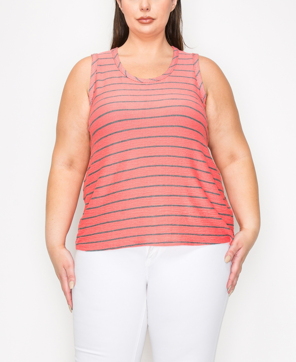Coin 1804 Plus Size Pointelle Stripe Tank Top In Coral Charcoal