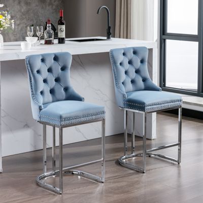 Velvet Bar Stools Set of 2 with Chromed Metal Base Legs