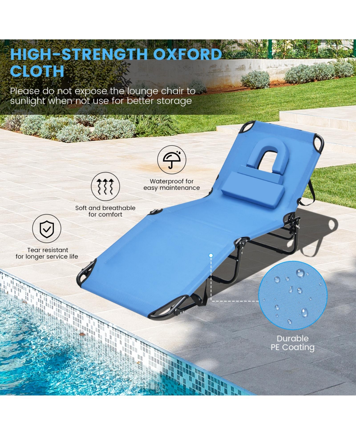 Inolait Beach Chaise Lounge Chair with Face Hole and Removable Pillow