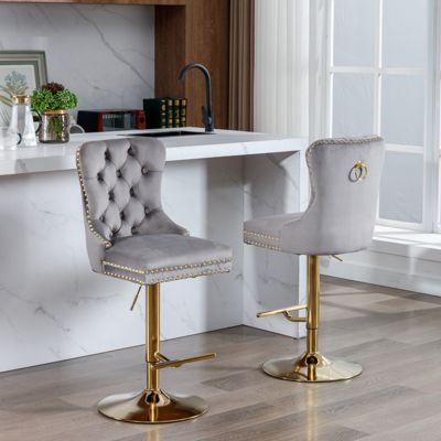 Streamdale Gray Velvet Swivel Bar Stools, Set of 2