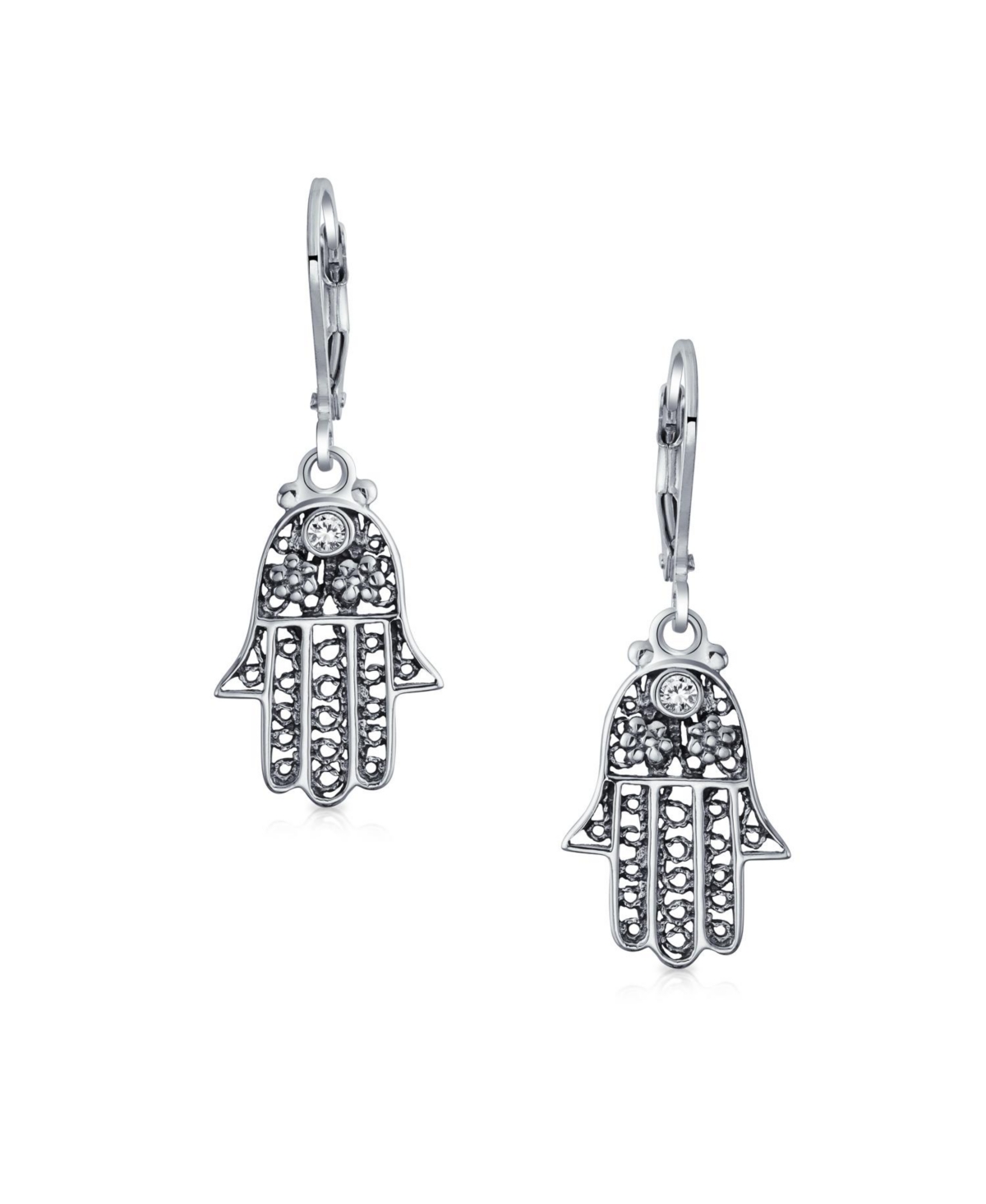 Bling Jewelry Amulet Talisman Hamsa Hand Of God Floral Filigree Dangle Earrings For Women Oxidized Sterling Silver Leverback