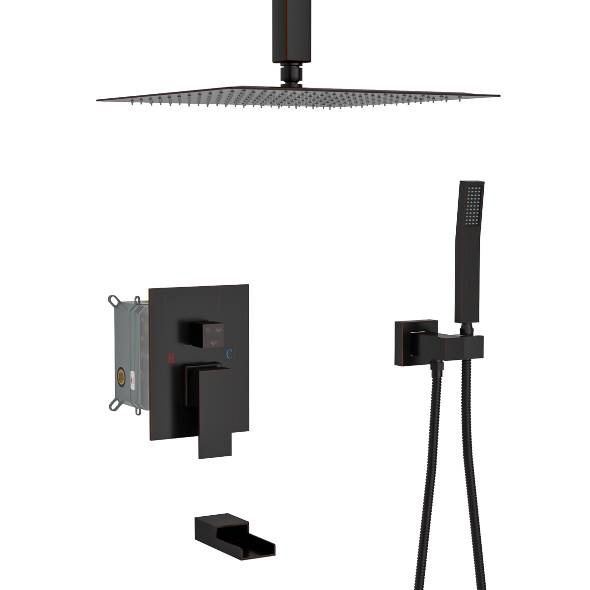 16&#x22; Rain Shower Head Systems With Waterfall Tub Spout, Oil Rubber Bronze, Ceiling Mounted Shower - Oil-rubbed bronze