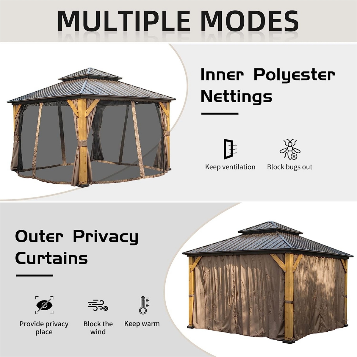 Streamdale Furniture 12'X12' Hardtop Gazebo with Cedar Wood Frame and Curtains