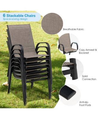 6 Pieces Patio Stackable Dining Chairs with Curved Armrests and Breathable Fabric