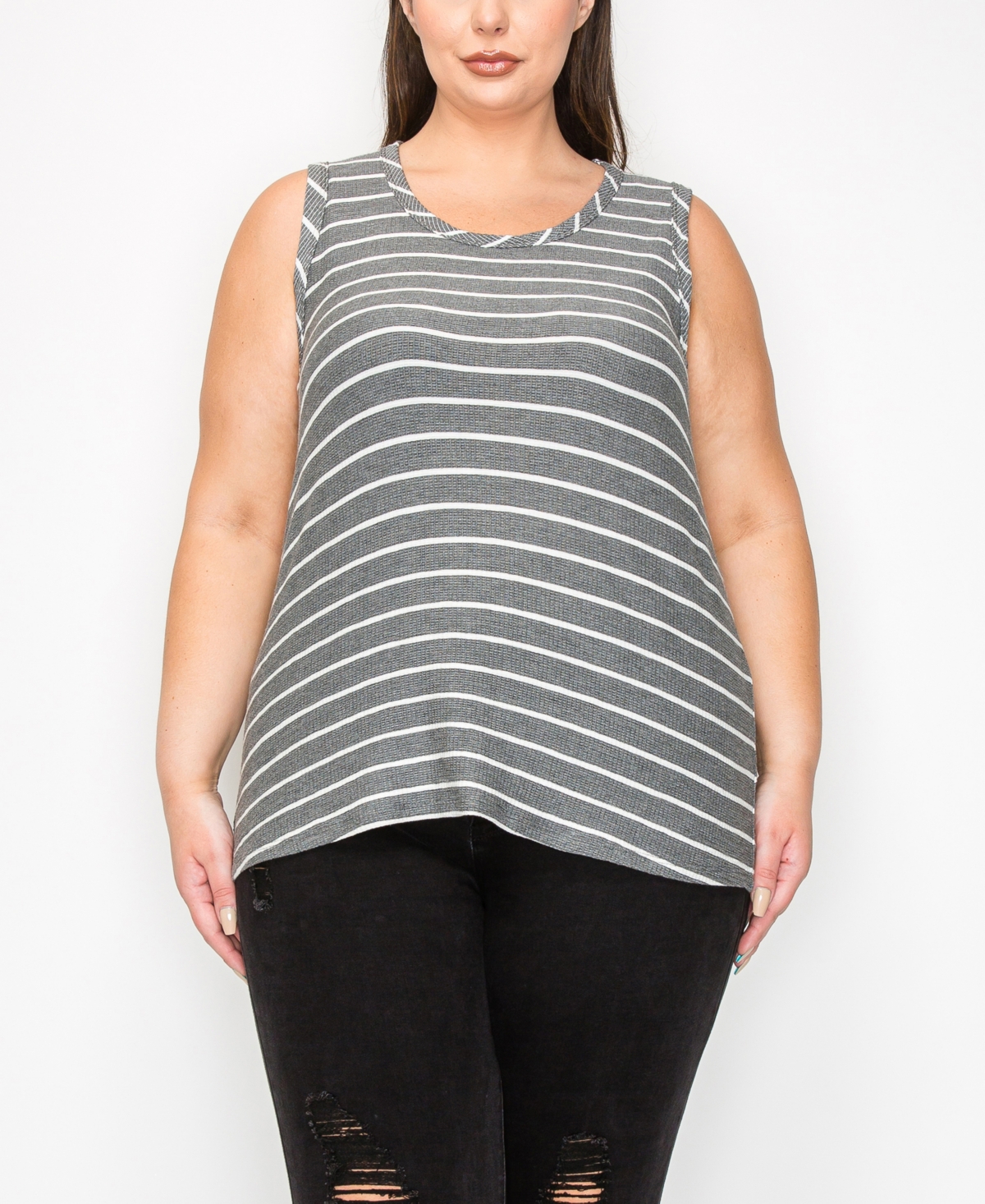 Coin 1804 Plus Size Pointelle Stripe Tank Top In Charcoal Ivory