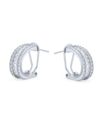 Holiday Baguette CZ Half Hoop Shrimp Style Earrings Omega Back Sterling Silver