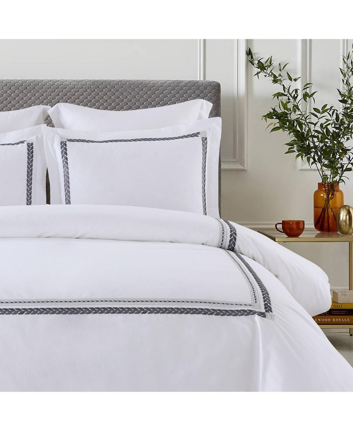 Egyptian Linens 100% Cotton Sadie Percale Embroidered Duvet Cover Set, Full/Queen