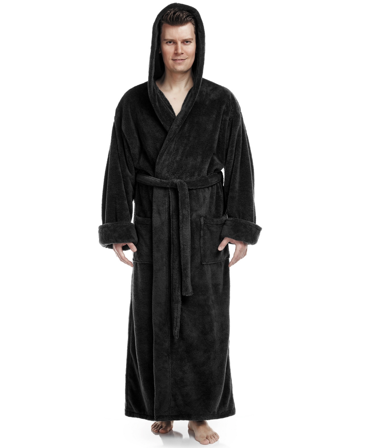 Shop Arus Men's Soft Fleece Robe, Ankle Length Hooded Turkish Bathrobe In Black