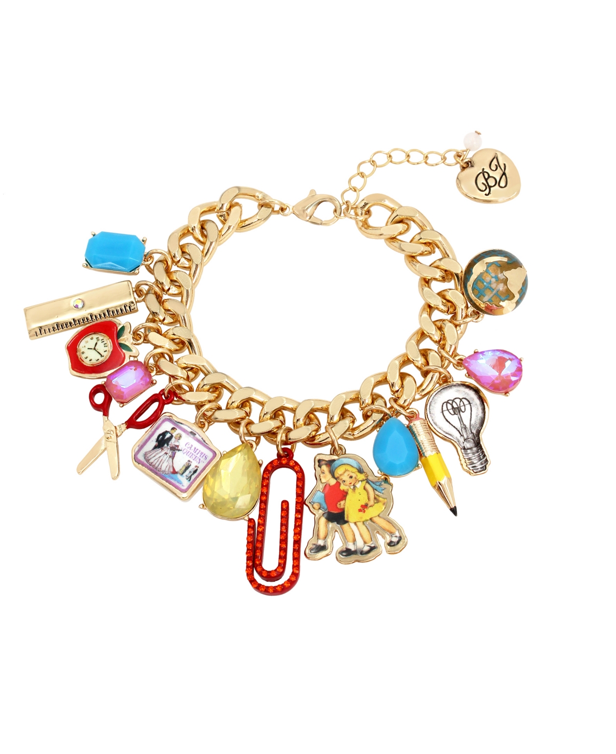 Betsey Johnson Faux Stone Back To School Statement Charm Bracelet In Gold