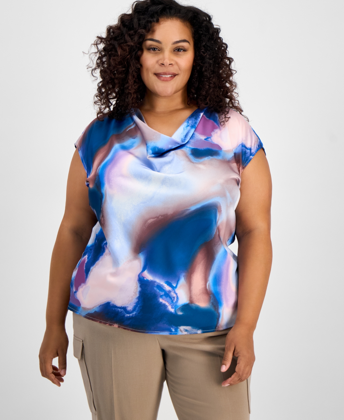 Plus Size Printed Cowl-Neck Blouse - Indigo Multi