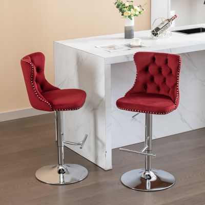 Set of 2 Adjustable Swivel Bar Stools in Wine Red