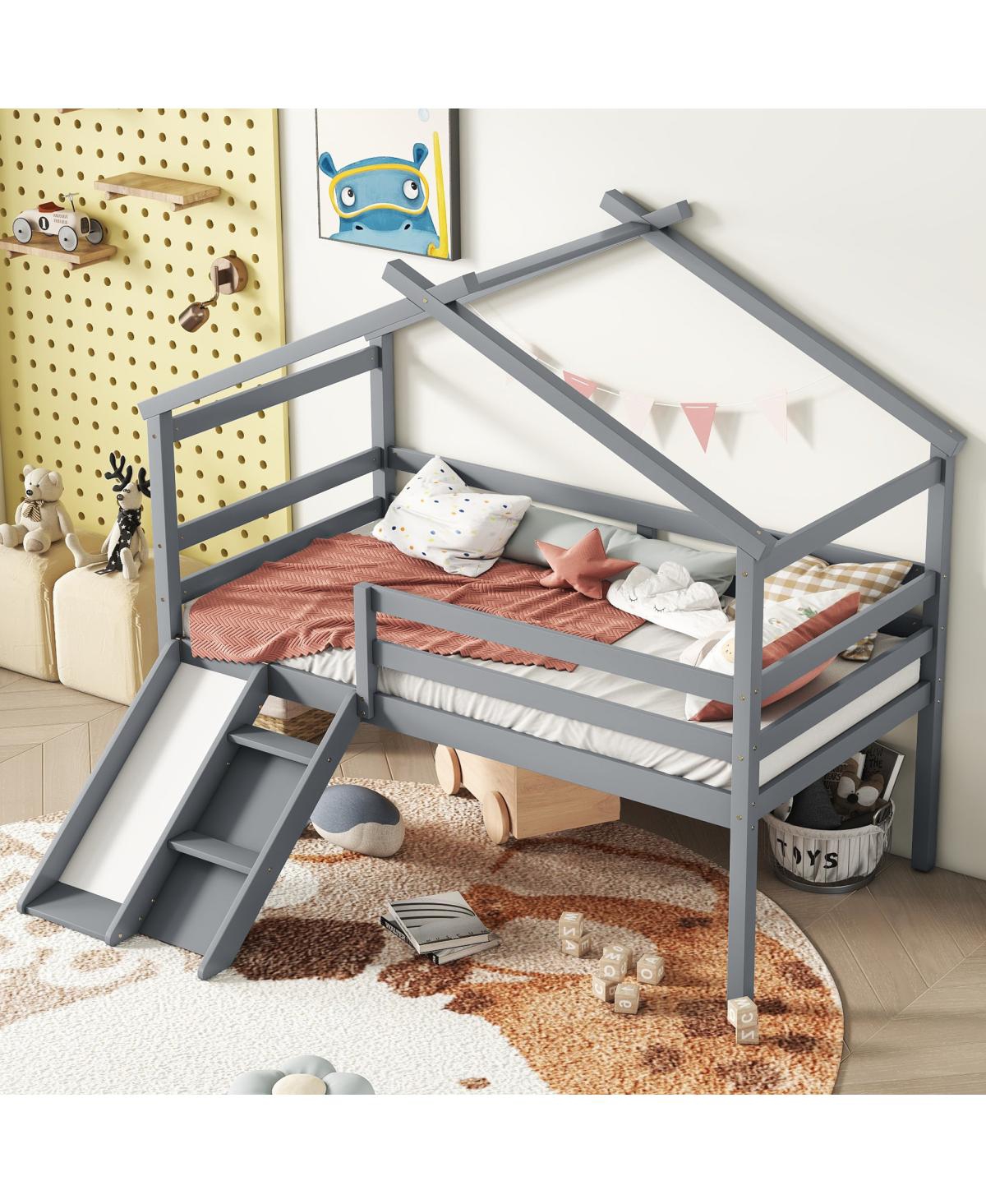 Streamdale Furniture Twin Low Loft House Bed With Slide, Ladder, Safety Guardrails, House Roof Frame, Grey