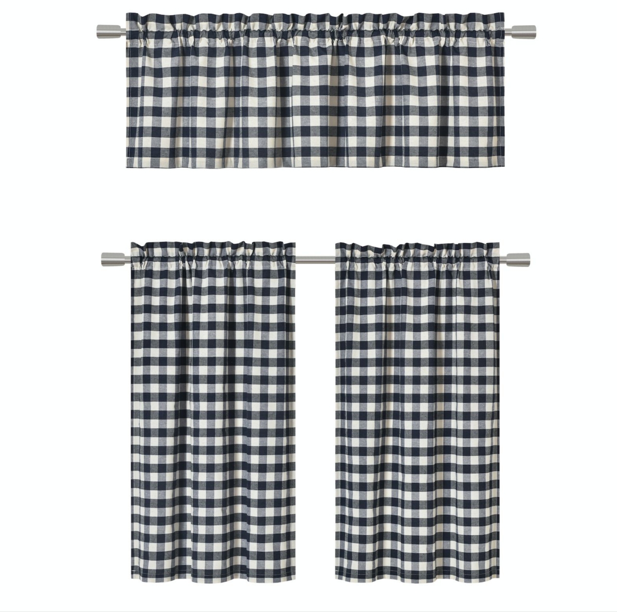 Kate Aurora Country Farmhouse Plaid Checkered Gingham 3 Pc Kitchen Curtain Tier & Valance Set