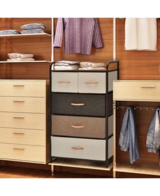 4-Tier Organizer Tower Steel Frame Wooden Top Storage with 5-Drawer Dresser