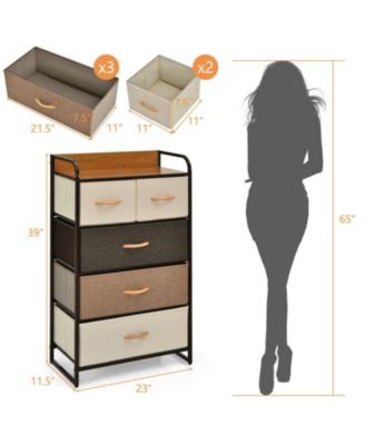 4-Tier Organizer Tower Steel Frame Wooden Top Storage with 5-Drawer Dresser