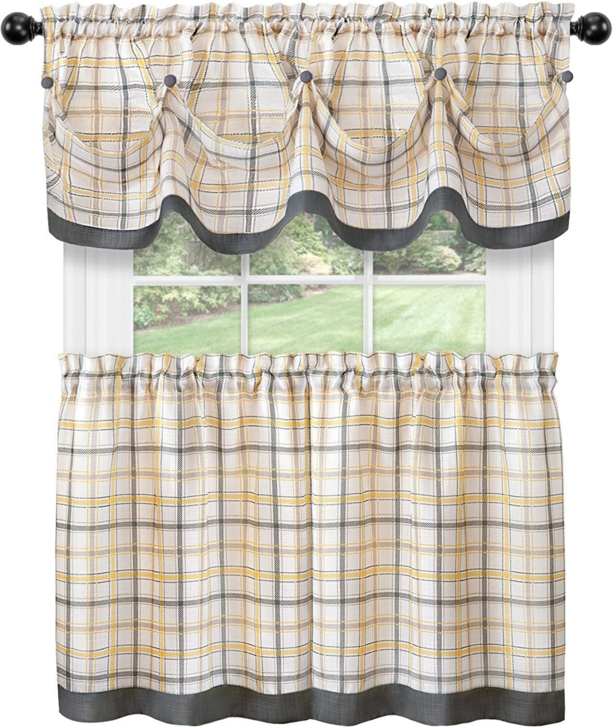 Kate Aurora Country Farmhouse Plaid 3 Pc Tattersall Cafe Kitchen Curtain Tier & Valance Set