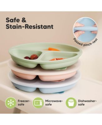 3-Pack Prep Suction Plates with Lids, 100% Silicone Baby Plates with Lid, BPA-Free Kids Divided Toddler Plates