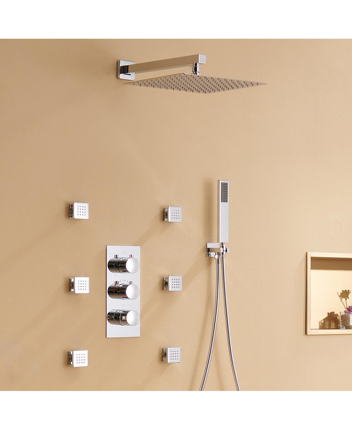 Mondawe Wall Mounted Thermostatic Luxury Shower System Set with Handheld Spray & 6 Body Jets,- Chrome