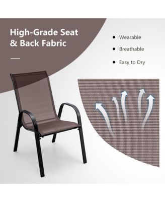 4PCS Patio Stacking Dining Chairs w/ Curved Armrests & Breathable Seat Fabric Brown