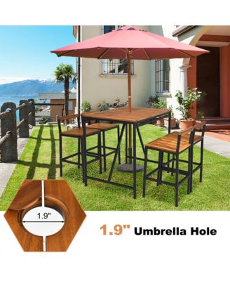 5PCS Patio Bar Table Set PE Rattan High-Dining Bistro Set w/ Acacia Wood Top