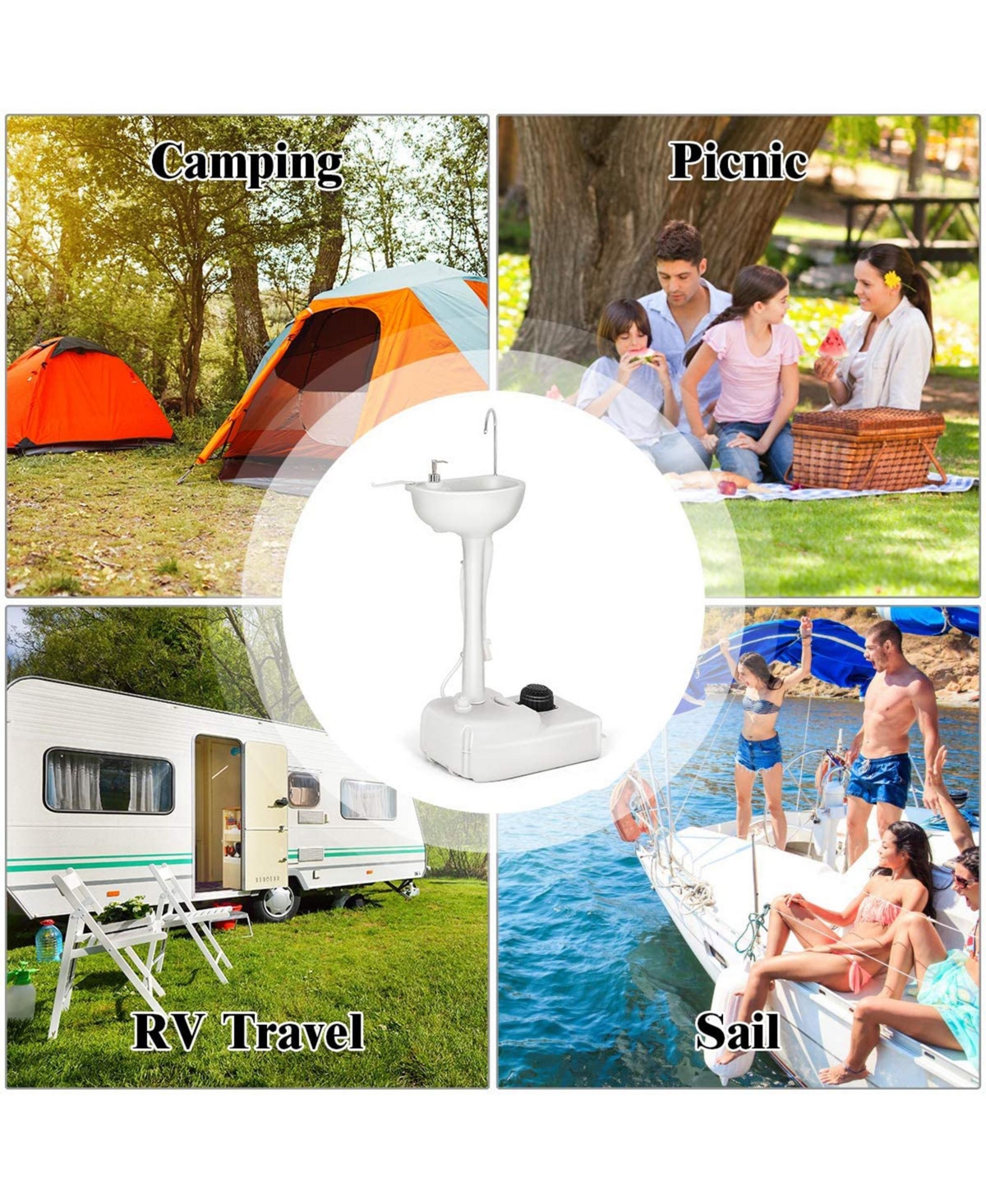 Gymax Portable Wash Sink Camping Sink Wash Basin Stand w/ Wheels & Foot Pump