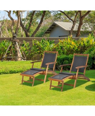 Patio Rattan Folding Lounge Chair with Acacia Wooden Frame Retractable Footrest
