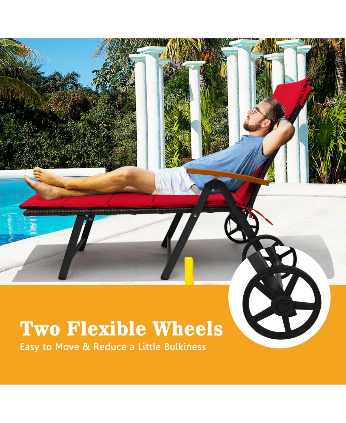 Slickblue Folding Patio Rattan Lounge Chair with Wheels-Red