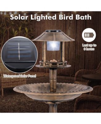 Pedestal Bird Bath with Solar Light with Bird Feeder and Flower Planter